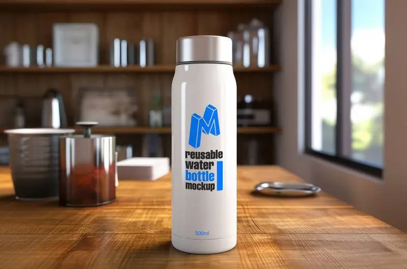 Logo Mockup on Reusable Water Bottle on Room Background