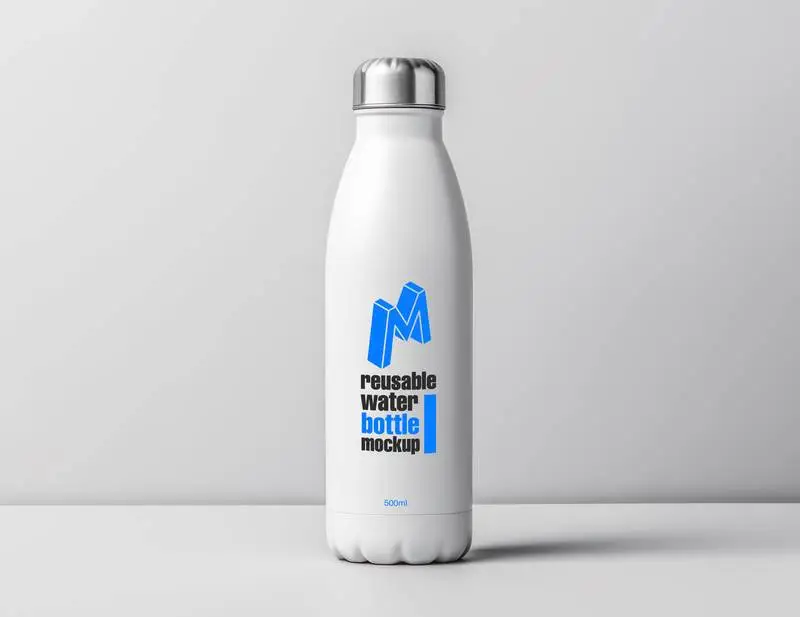 Logo Mockup on White Reusable Water Bottle on White Background