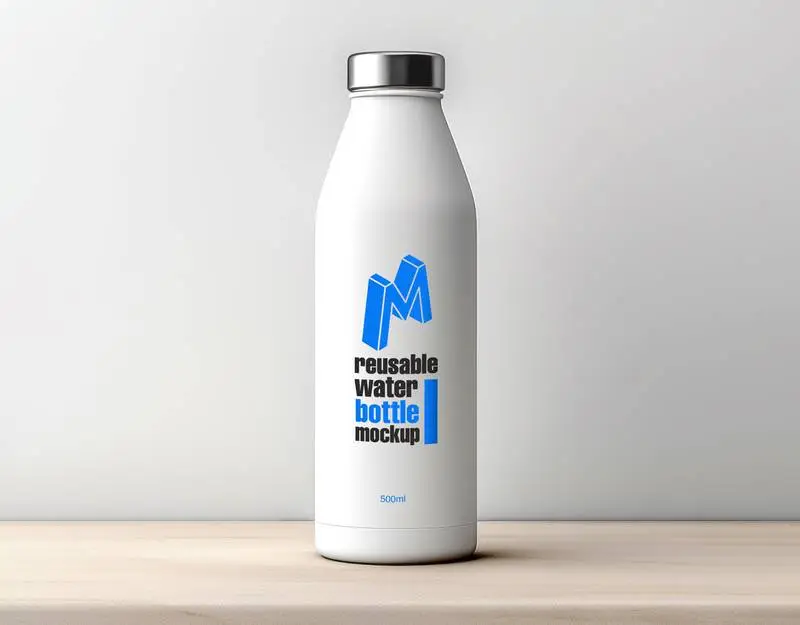 Logo Mockup on Reusable White Water Bottle on Wooden Table