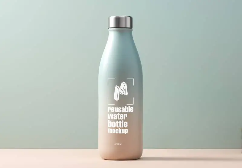 Logo Mockup on Reusable Coloured Water Bottle on a Blue Background