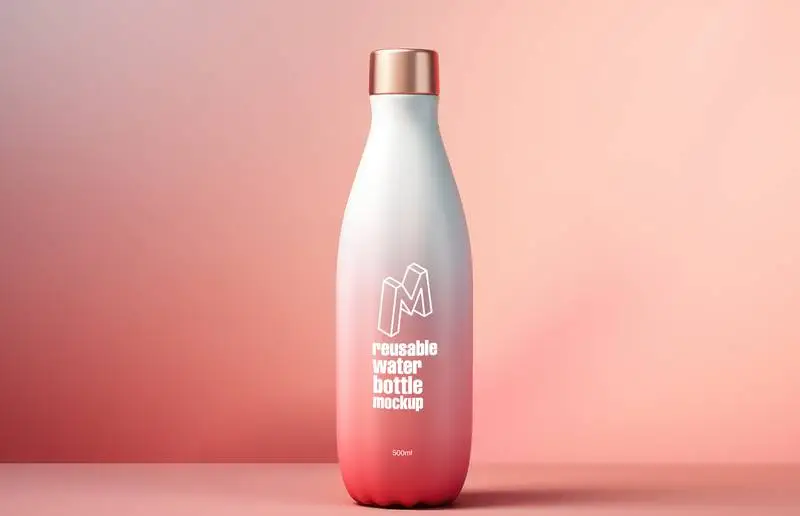 Logo Mockup on Reusable Pink Water Bottle on Plain Background