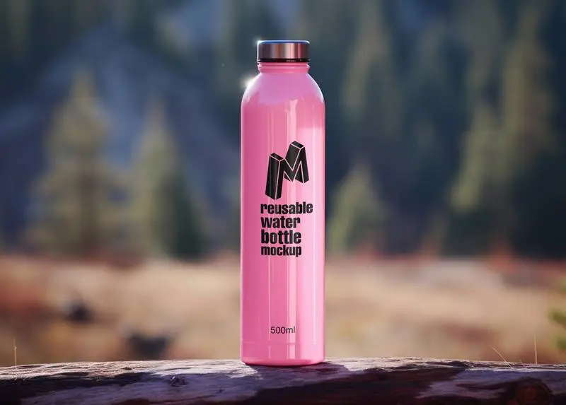 Logo Mockup on Reusable Pink Water Bottle on a Mountain Background