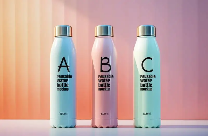 Mockup Collection on Colourful Reusable Bottles on a Pastel Background