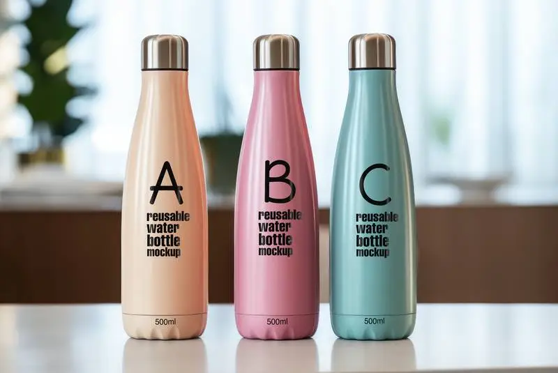 Collection of Mockup on Reusable Coloured Bottles on a Room Background