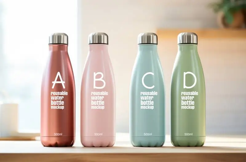 Mockup Collection of Four Colourful Reusable Bottles on a Room Background