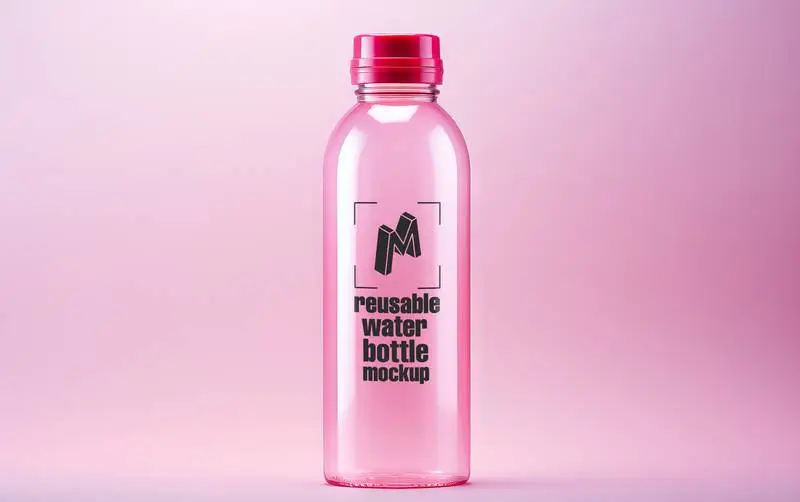 Mockup of Label on Pink Glass Bottle on Pink Background