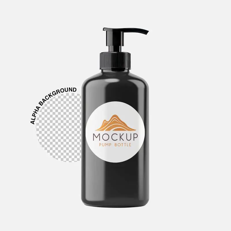 Mockup of Label on Black Bottle with Dispenser on Transparent Background