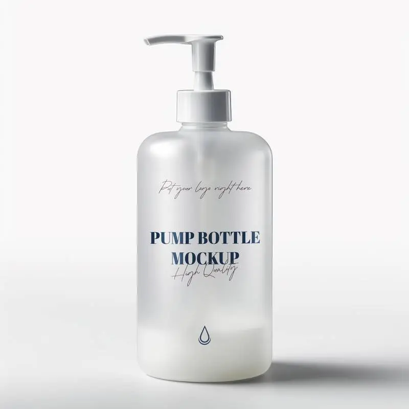 Mockup of Label on Frosted Bottle with Pump and Liquid on White Background