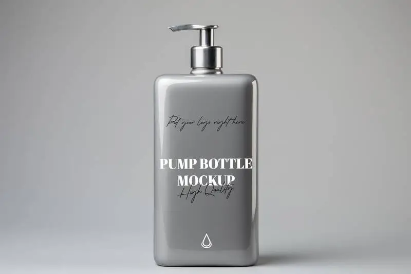 Elegant Grey Ceramic Bottle Label Mockup with Pump on Grey Background