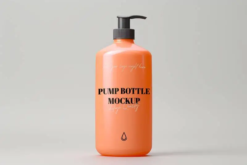 Label Mockup on Orange Bottle with Pump on Grey Background