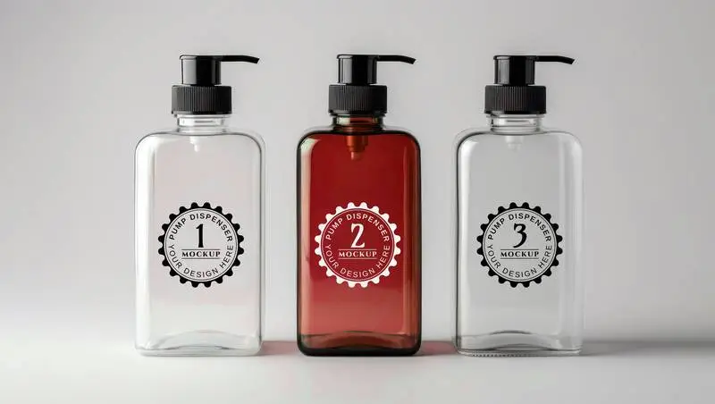 Collection Mockup of 3 Elegant Glass Dispensers with Pump on a Grey Background