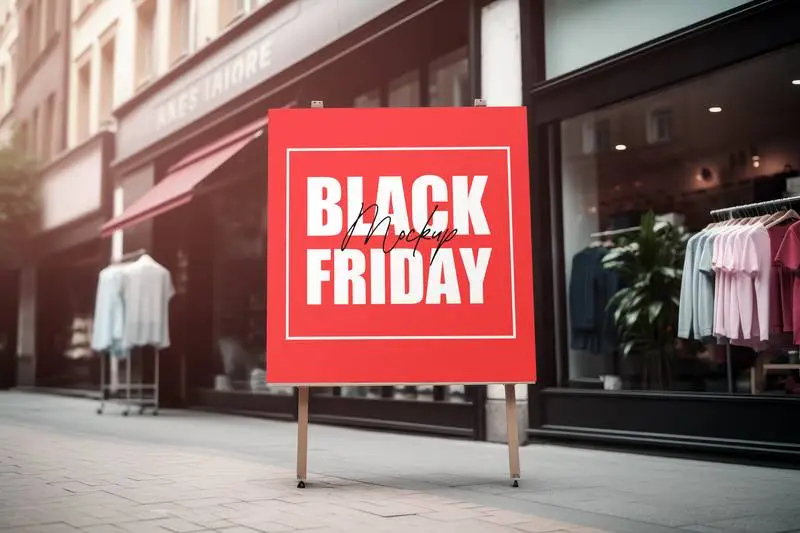 Mockup of an Outdoor Poster Advertisement in Front of a Shop for Black Friday