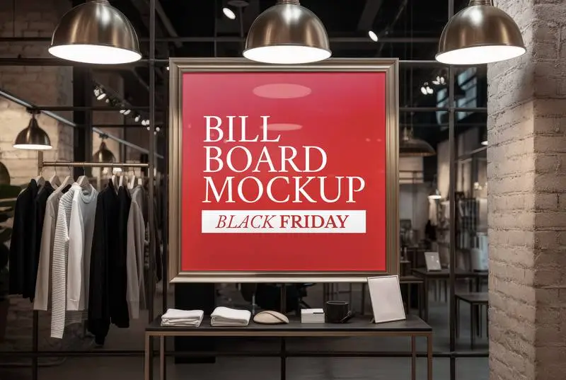 Mockup of Billboard with Golden Frame in Elegant Clothes Shop
