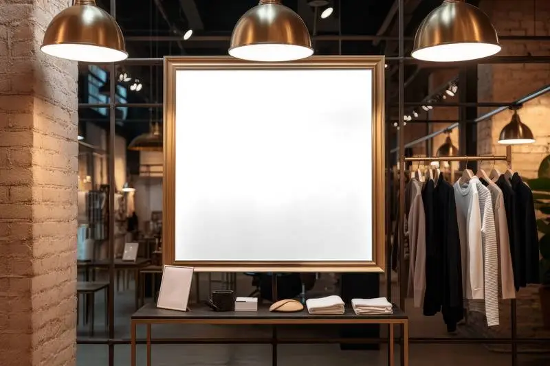 Blank Image of Gold Framed Billboard in Elegant Clothing Shop