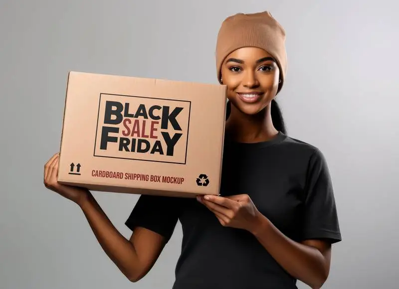 Mockup of Label on Cardboard Box with Delivery Woman on Grey Background