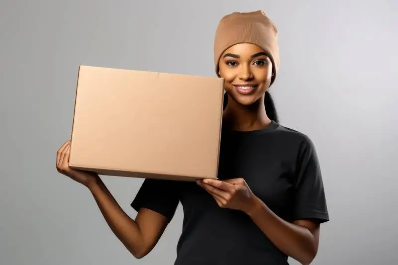Blank Image of Cardboard Box with Delivery Woman on Grey Background