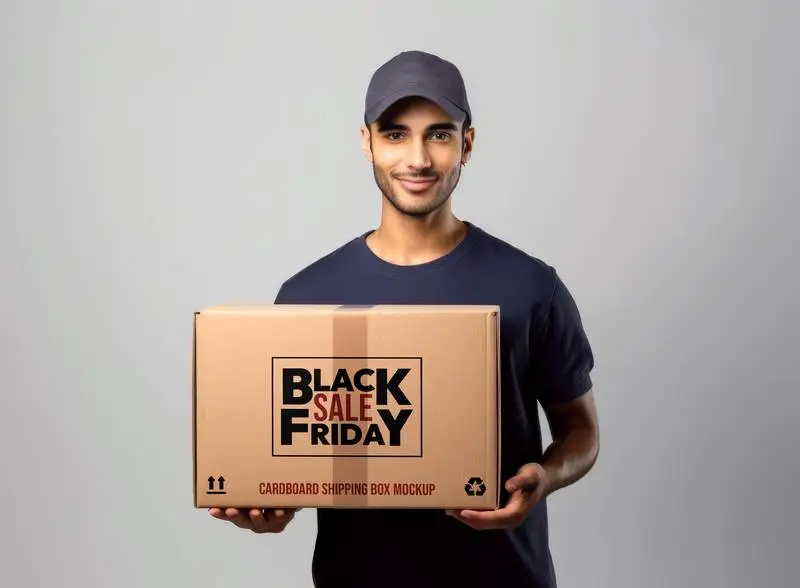 Mockup of Label on Cardboard Box with Delivery Man with Cap on Grey Background