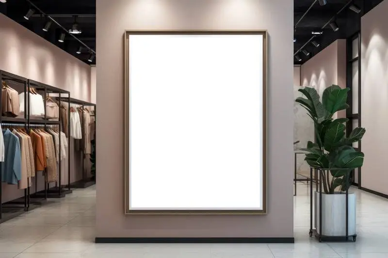 Blank Billboard Image with Metal Frame in Modern Apparel Shop