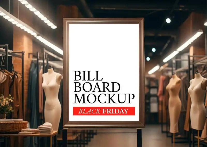Mockup on Poster with Golden Frame in Modern Clothing Shop
