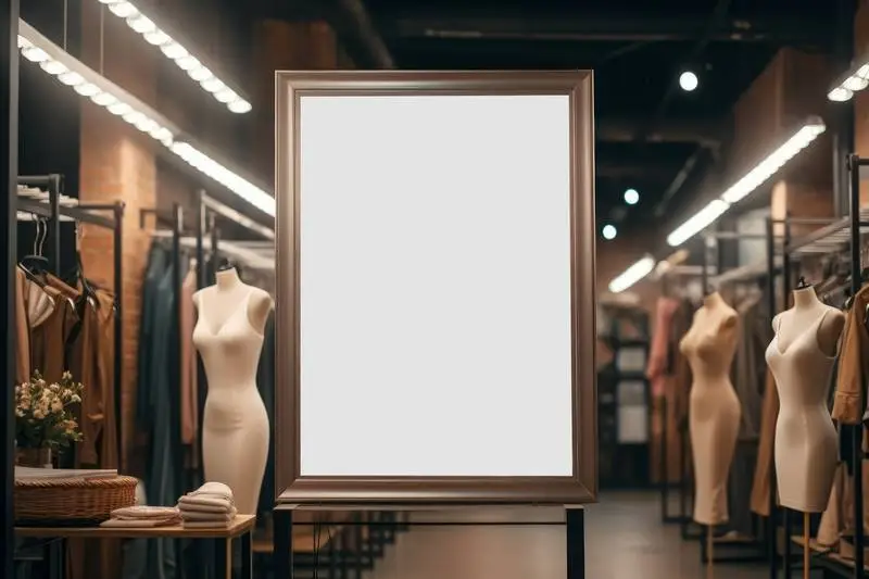 Blank Poster Image with Gold Frame in Modern Clothing Shop