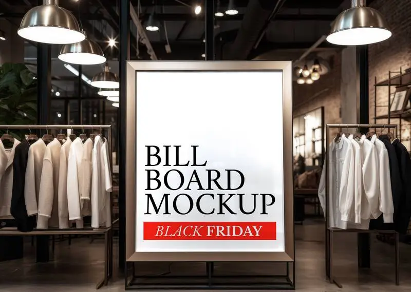 Mockup of Billboard with Golden Frame in Elegant Clothing Shop