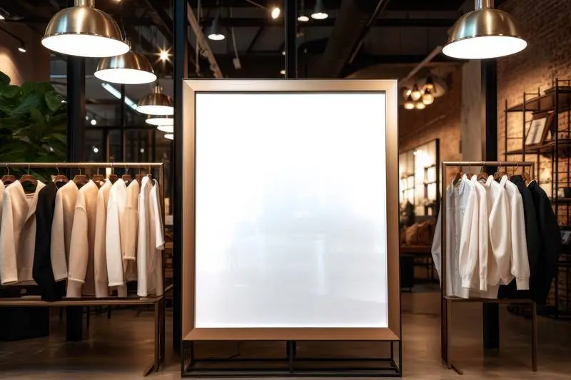 Blank Image of Gold-Framed Billboard in Elegant Clothing Shop