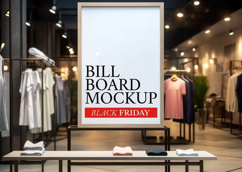 Mockup of a Billboard with Wooden Frame in an Elegant Clothes Shop