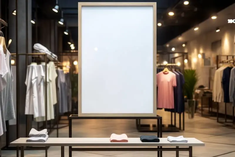 Blank Billboard Image with Wooden Frame in Elegant Clothing Shop