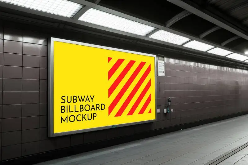Subway Billboard Mockup with Metal Frame and Tiled Wall