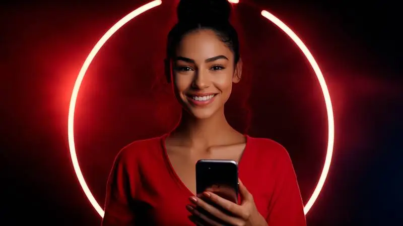 Influencer Girl Making a Video Blog on a Lighted Red Background