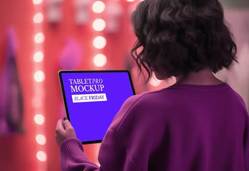 Mockup on Pro Tablet Screen Held by a Woman on Her Back on a Coloured Background