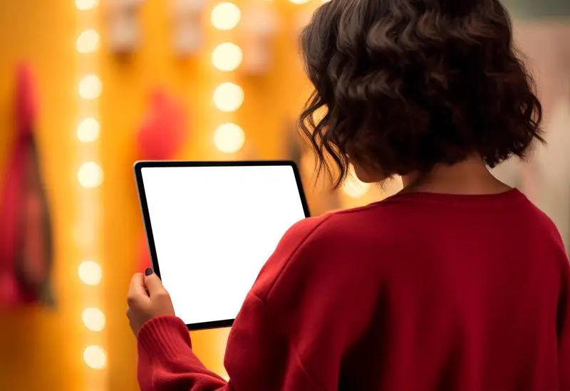 Blank Screen Image of Pro Tablet Held by a Woman on Her Back on a Coloured Background
