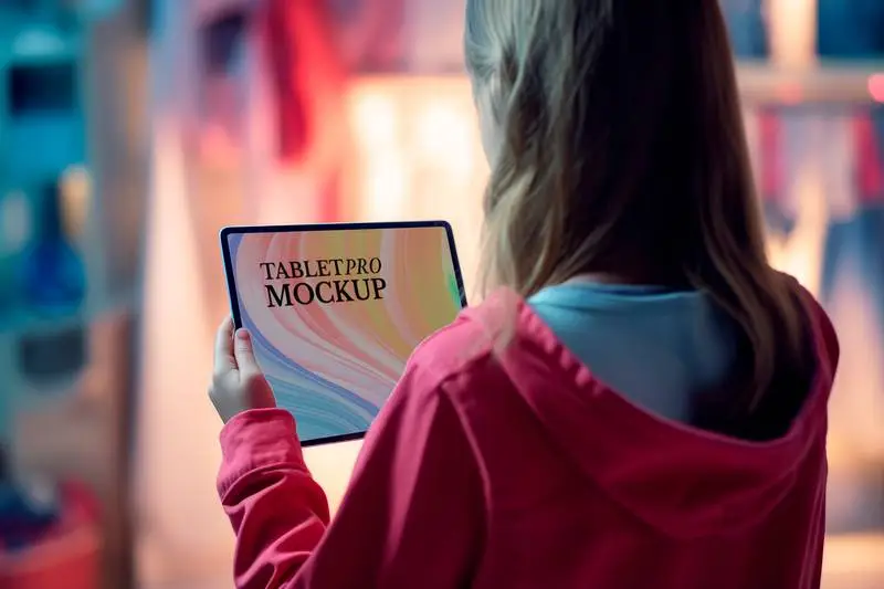 Back View Girl Holding Tablet Pro Mockup