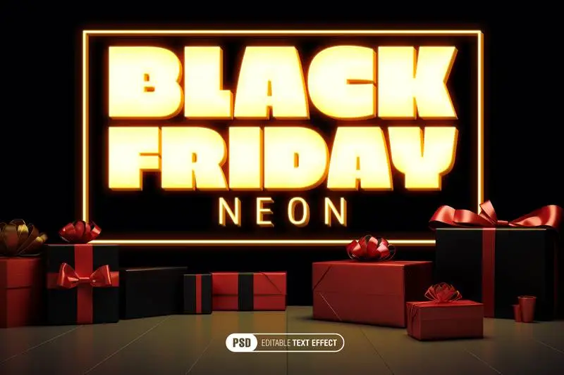 Gift Boxes Scene with Neon Text Effect on Black Background