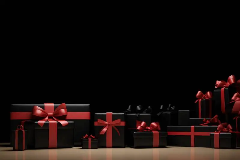 Room with red and black gifts on dark background