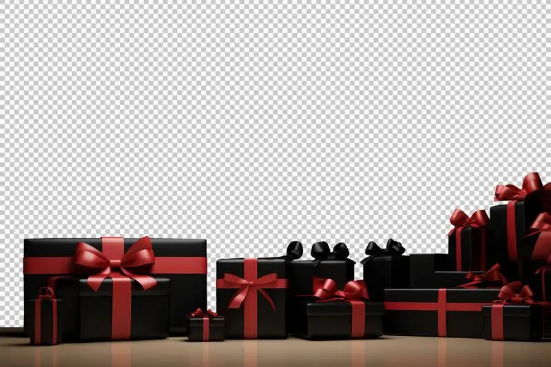 Room with red and black gifts on transparent background
