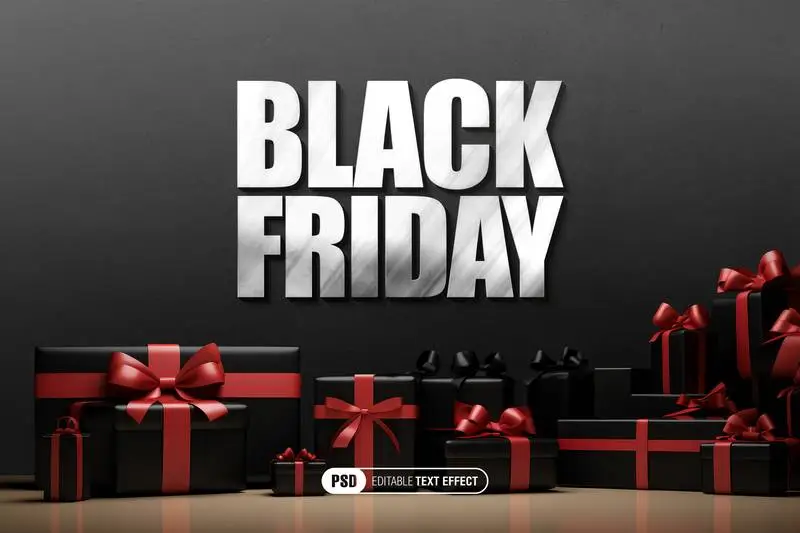 Text effect in room with red and black gifts on dark background