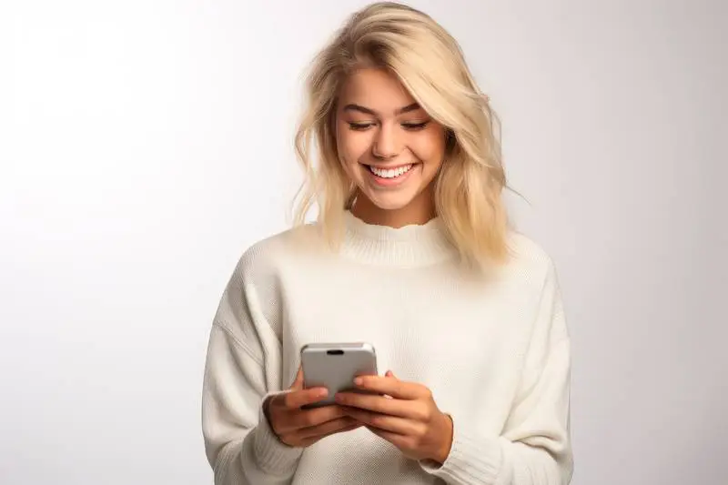 Blonde Girl Smiling while Holding Smartphone