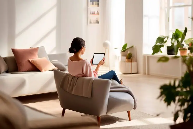 Back View of Woman Sitting on Couch with Tablet