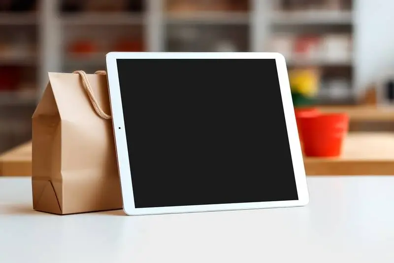 White Tablet Resting on Paper Bag on White Surface