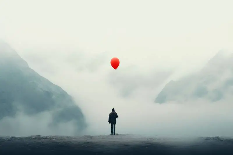 Person Holding a Balloon in Misty Landscape