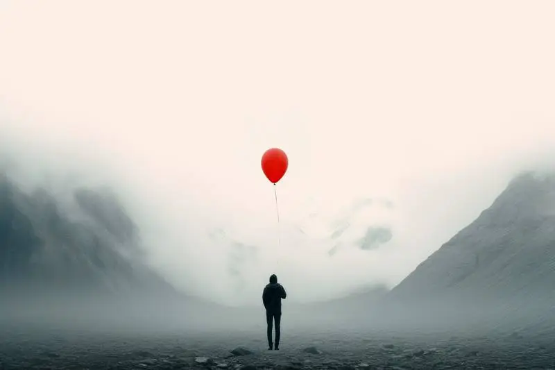 Person Holding a Red Balloon in Misty Landscape