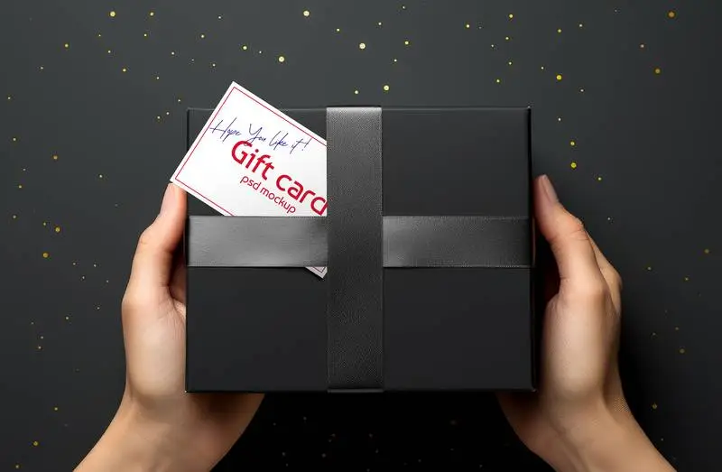 Gift Card with Hands Holding Black Gift Package