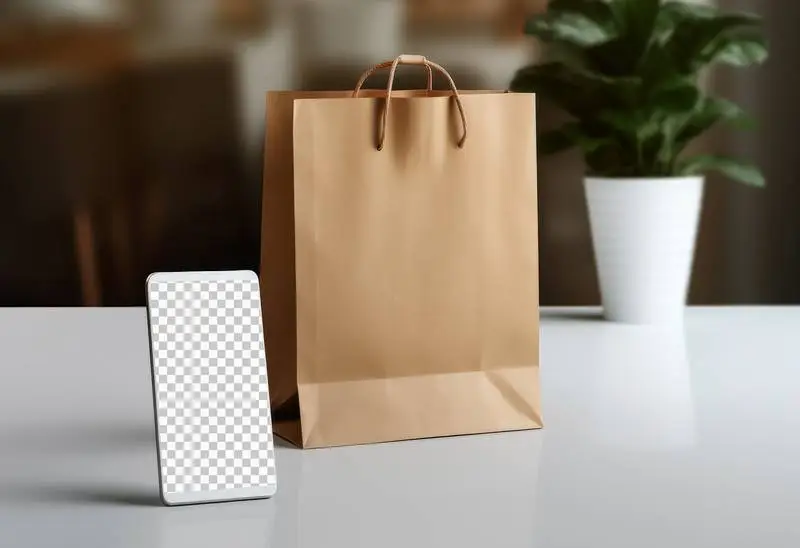 Smartphone with Transparent Screen beside Shopping Paper Bag