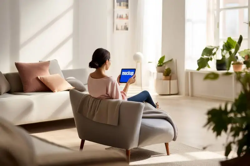 Screen Mockup of a Tablet Held by a Woman Sitting on Her Back in Her Minimalist Living Room
