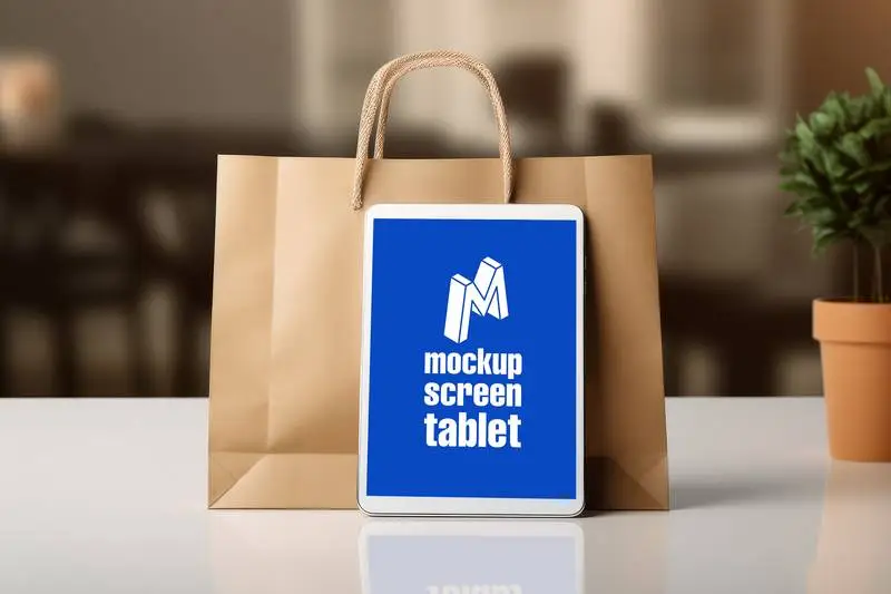 Tablet Screen Mockup on Paper Bag on Study Table