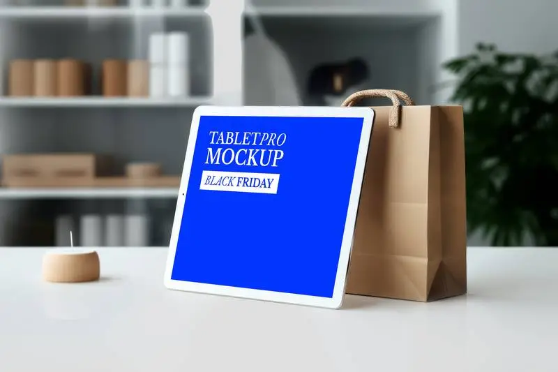 Mockup on Screen of Pro Tablet on Paper Bag on a Shop Table