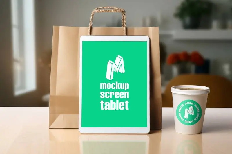 Screen Mockup of a Pro Tablet and Coffee Cup to Take Away on a Desktop Table