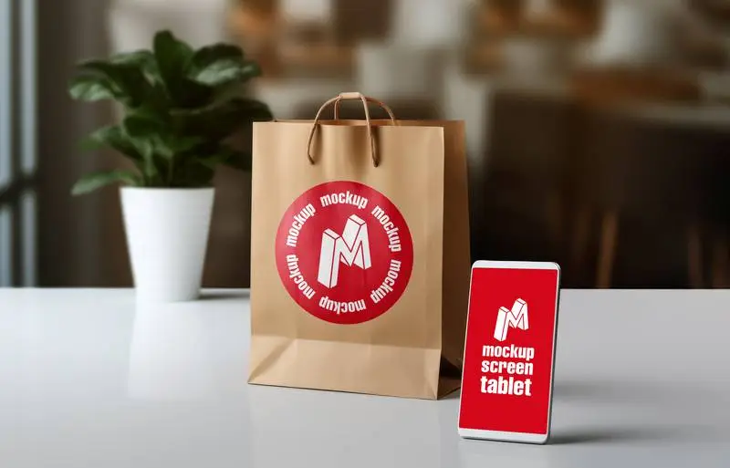 Mockup on Smartphone Screen and Label on Paper Bag on Desk Table Top