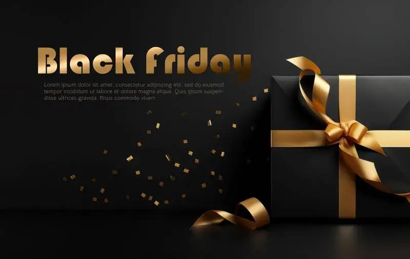 Banner for Black Friday With Black Gift Box With Gold Ribbon and Text on a Dark Background